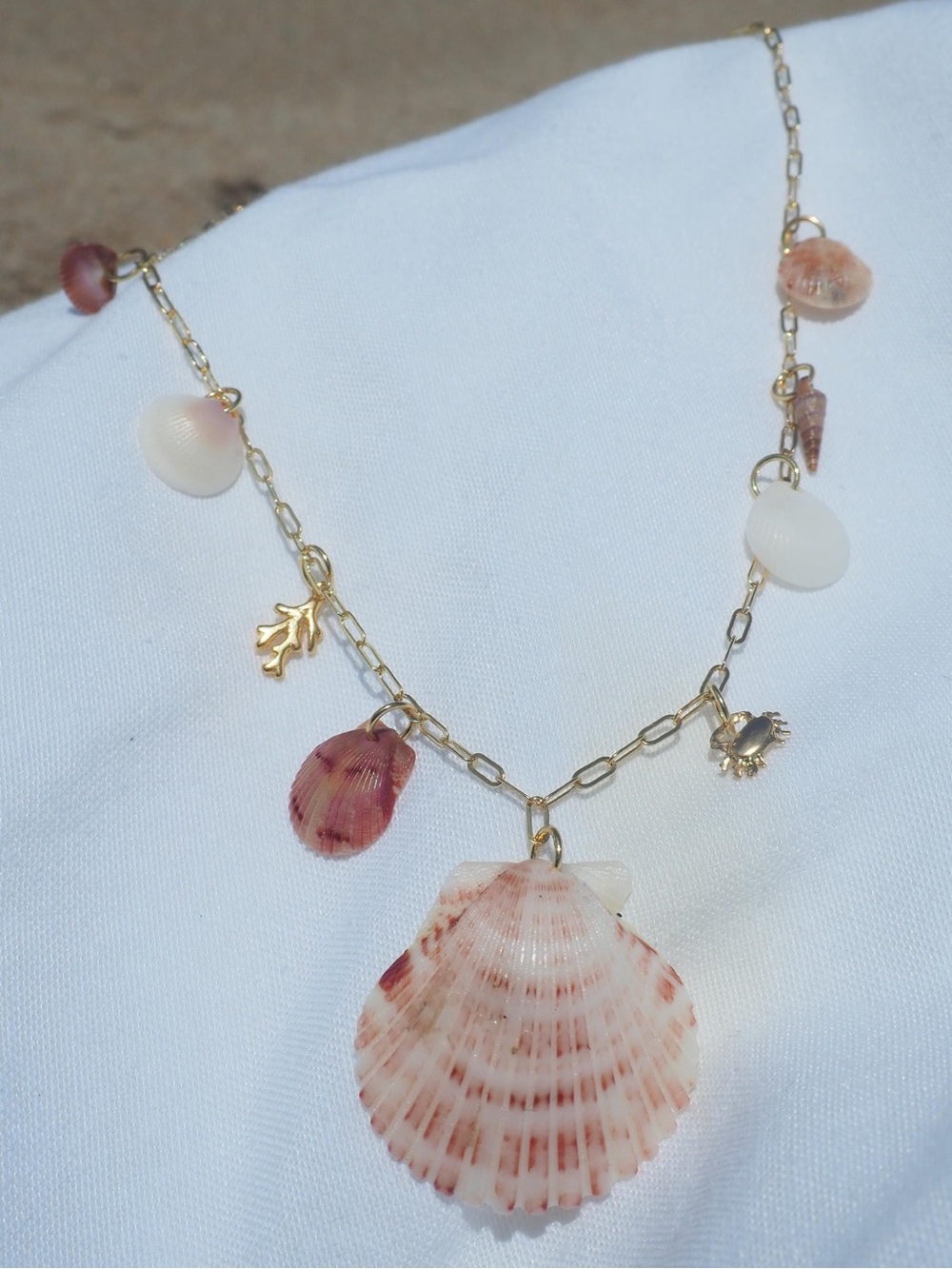 Gold Shell Charm Necklace with Pink and Cream Shell Accents